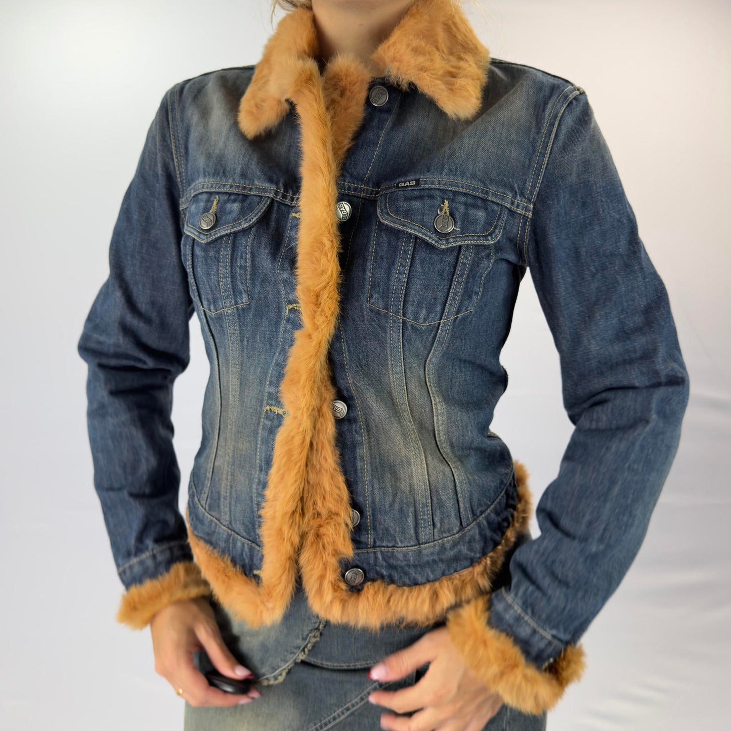 Gas Jeans Women's Denim Jacket with Faux Fur Trim- SIZE M