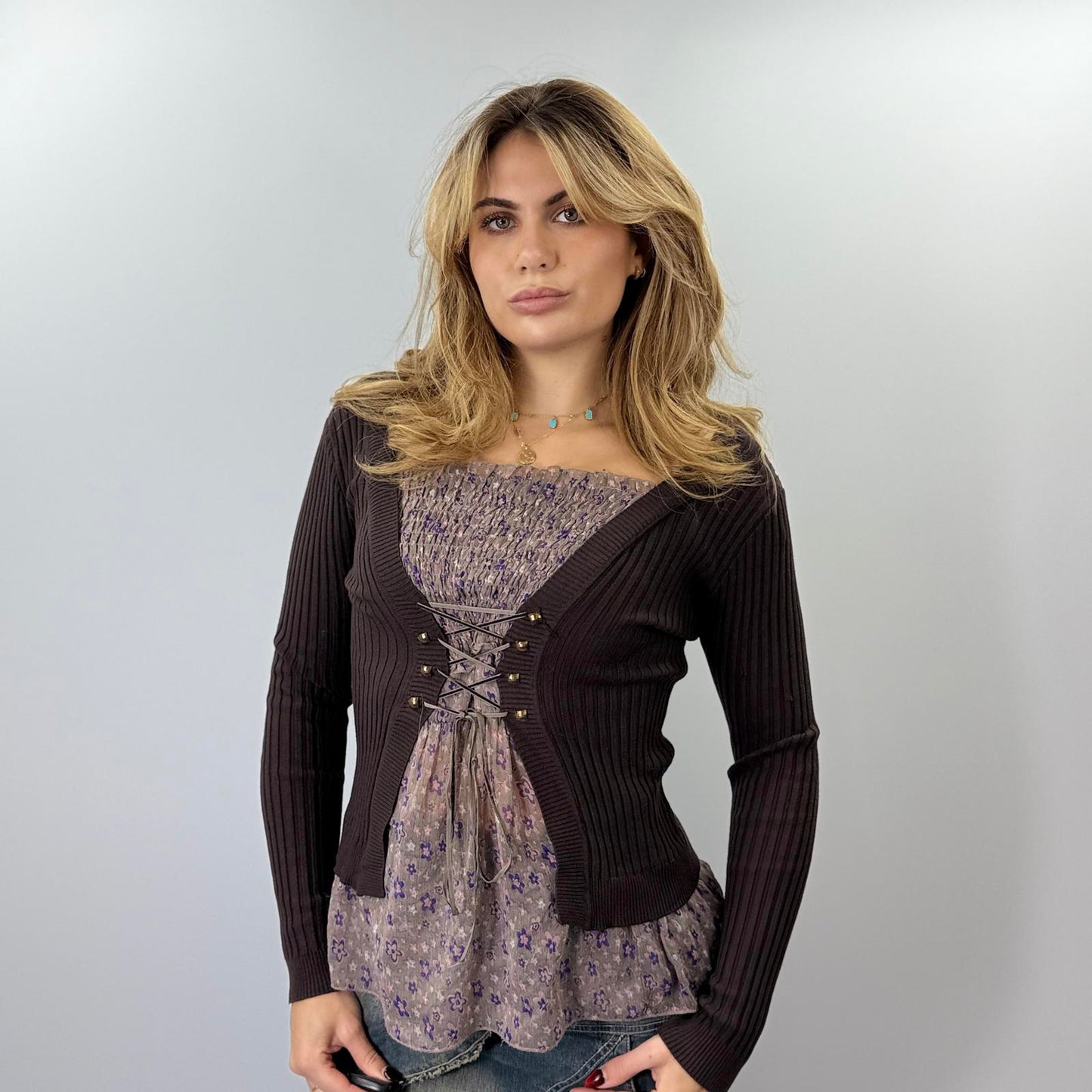 Dark Brown Ribbed Knit Top with Lace-Up Front Detail- SIZE M