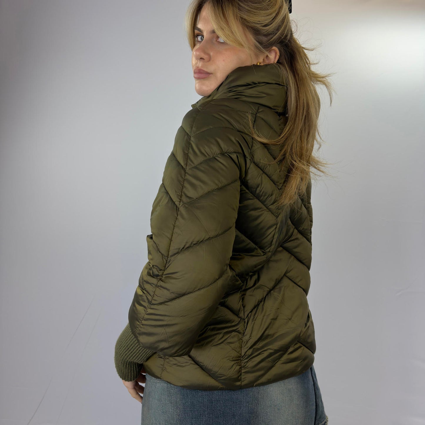 Hybris Olive Green Puffer Jacket with Knit Sleeve Cuffs- SIZE S