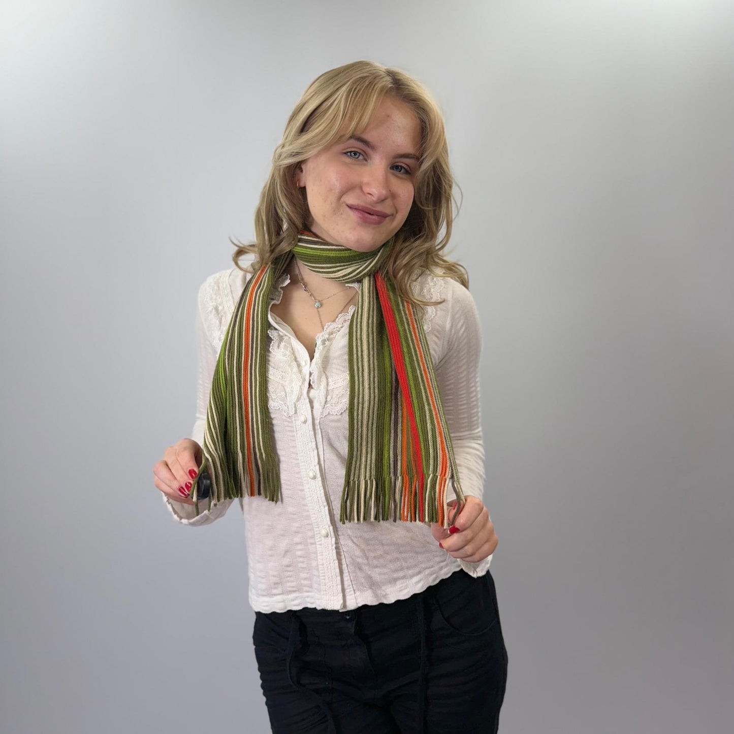 Striped Green and Orange Women's Scarf with Fringe