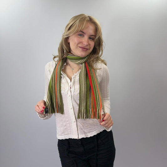 Striped Green and Orange Women's Scarf with Fringe