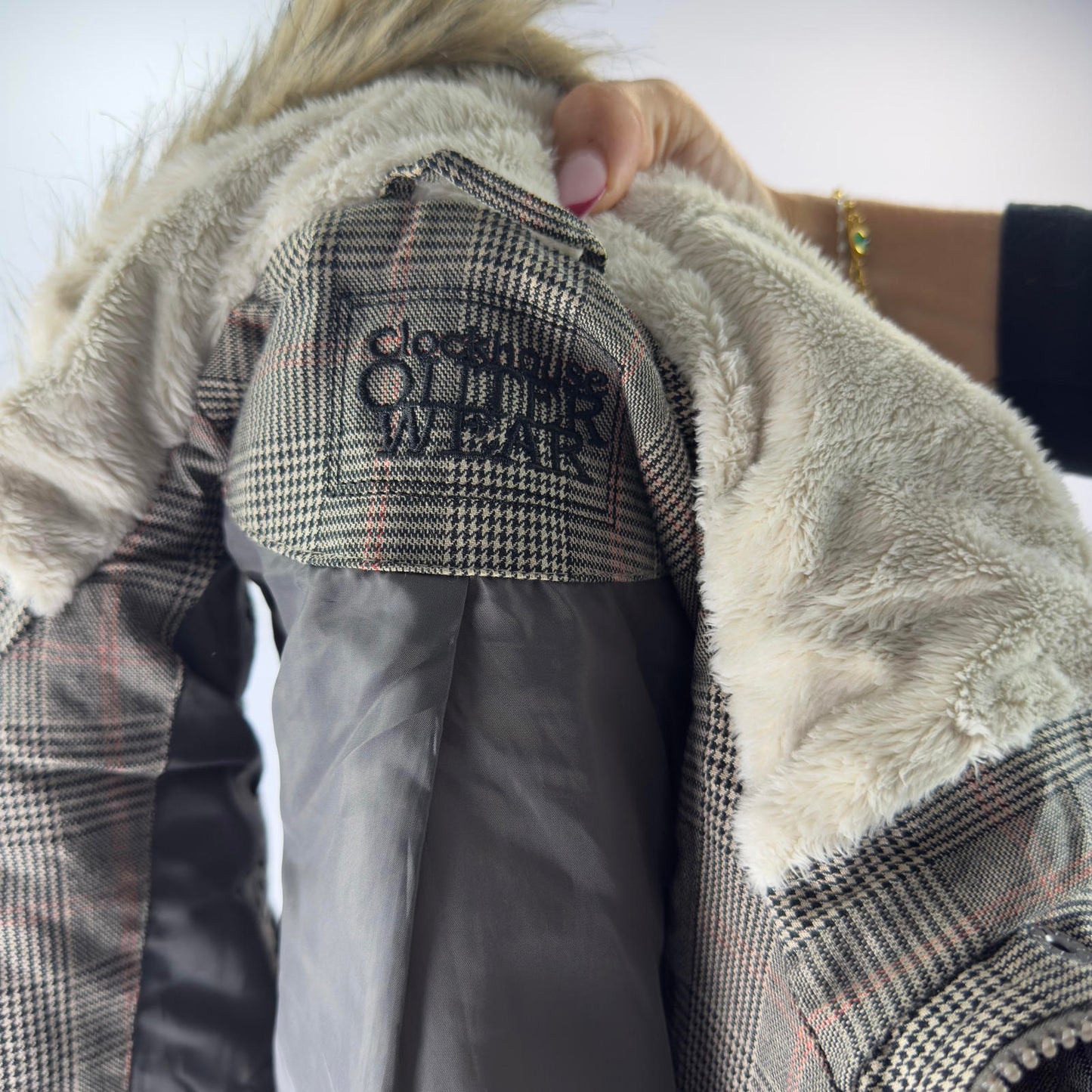 Clockhouse Plaid Women's Puffer Vest with Faux Fur Hood- SIZE XS