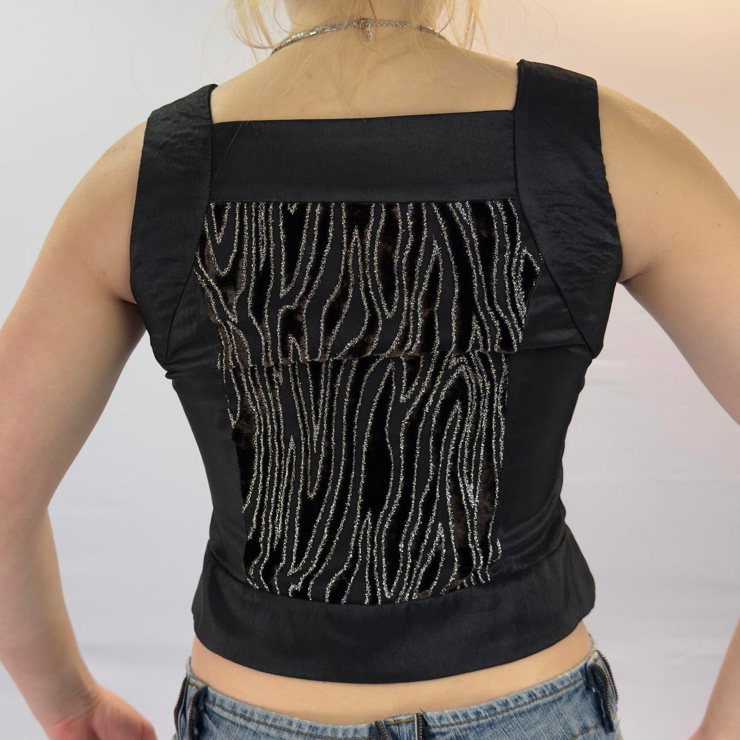 Nymjoy Black Sleeveless Button-Up Top with Beaded Back Panel- SIZE S