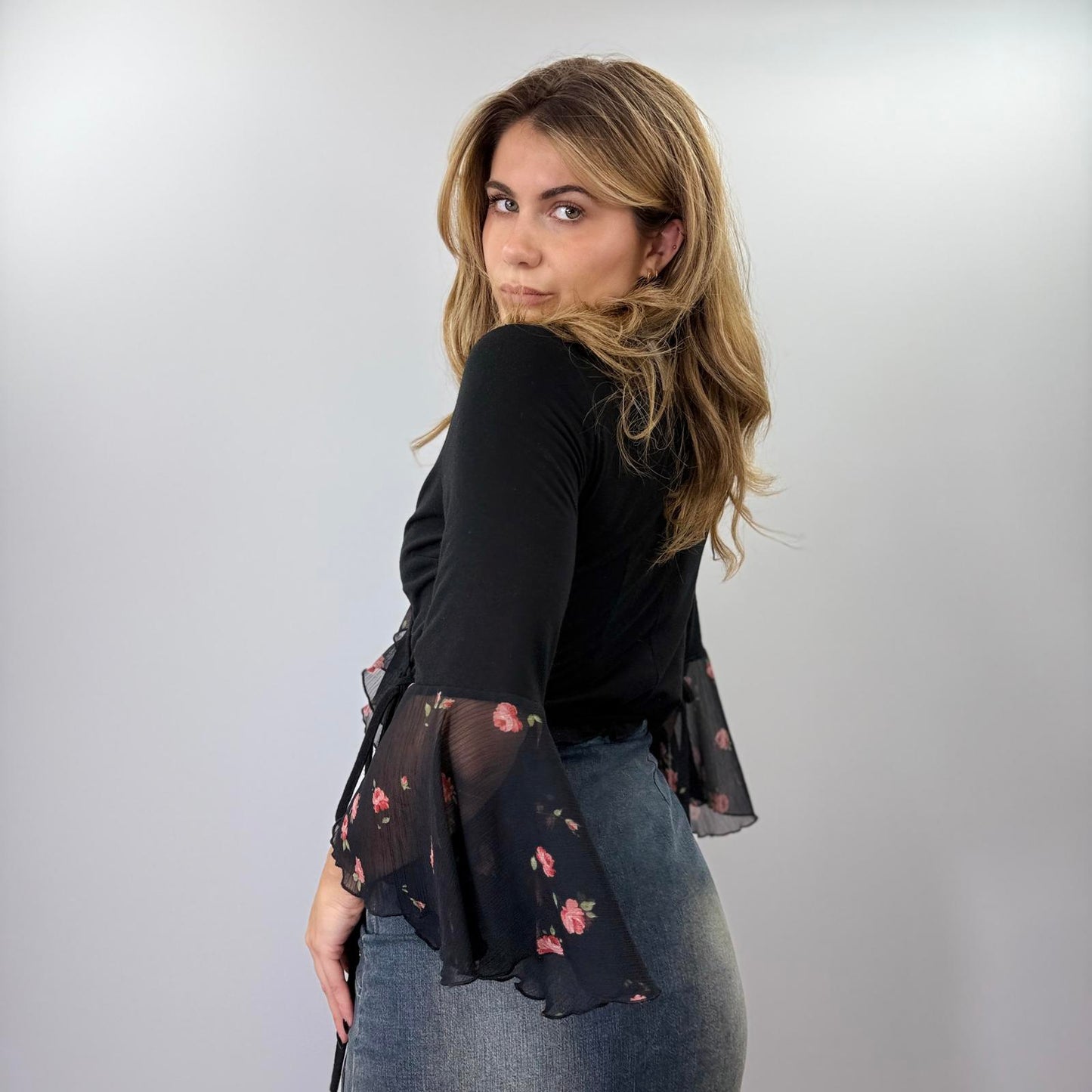 Promesse Black Floral Sheer Sleeve Wrap Top- SIZE L