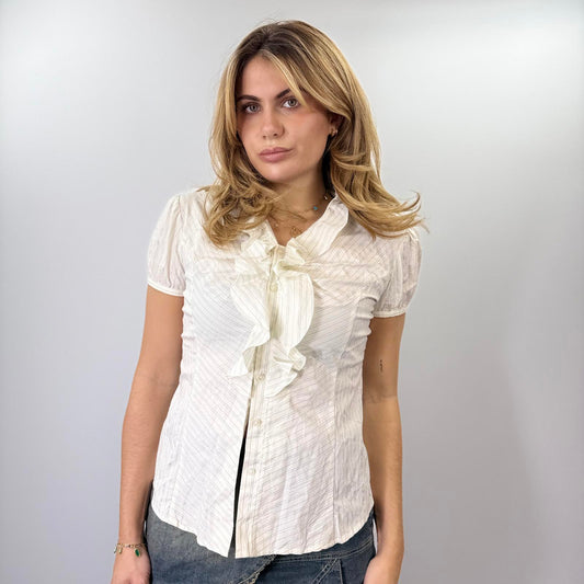 Theoria Women's White Short Sleeve Ruffle Front Blouse- SIZE M