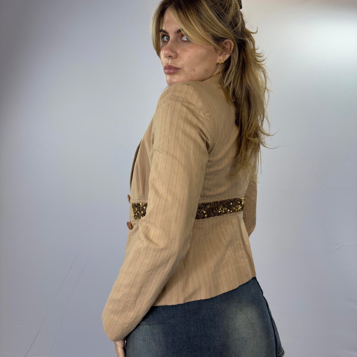 Liu Jo Beige Pinstripe Blazer with Sequin Detail- SIZE S