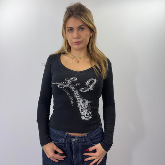Liu Jo Y2K Rhinestone Graphic Black Long Sleeve Top- SIZE S