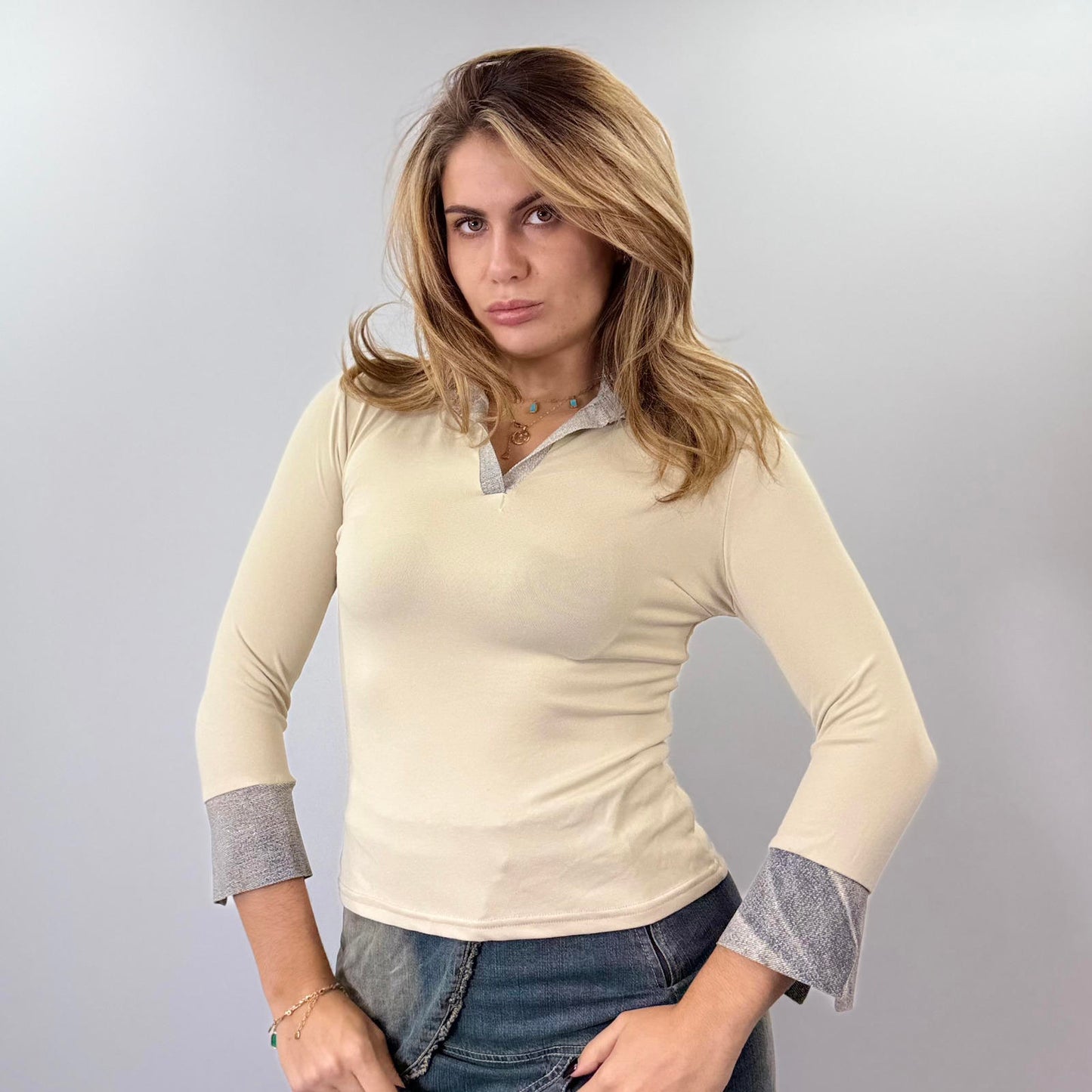 3/4 Sleeve Cream and Denim Top - SIZE M