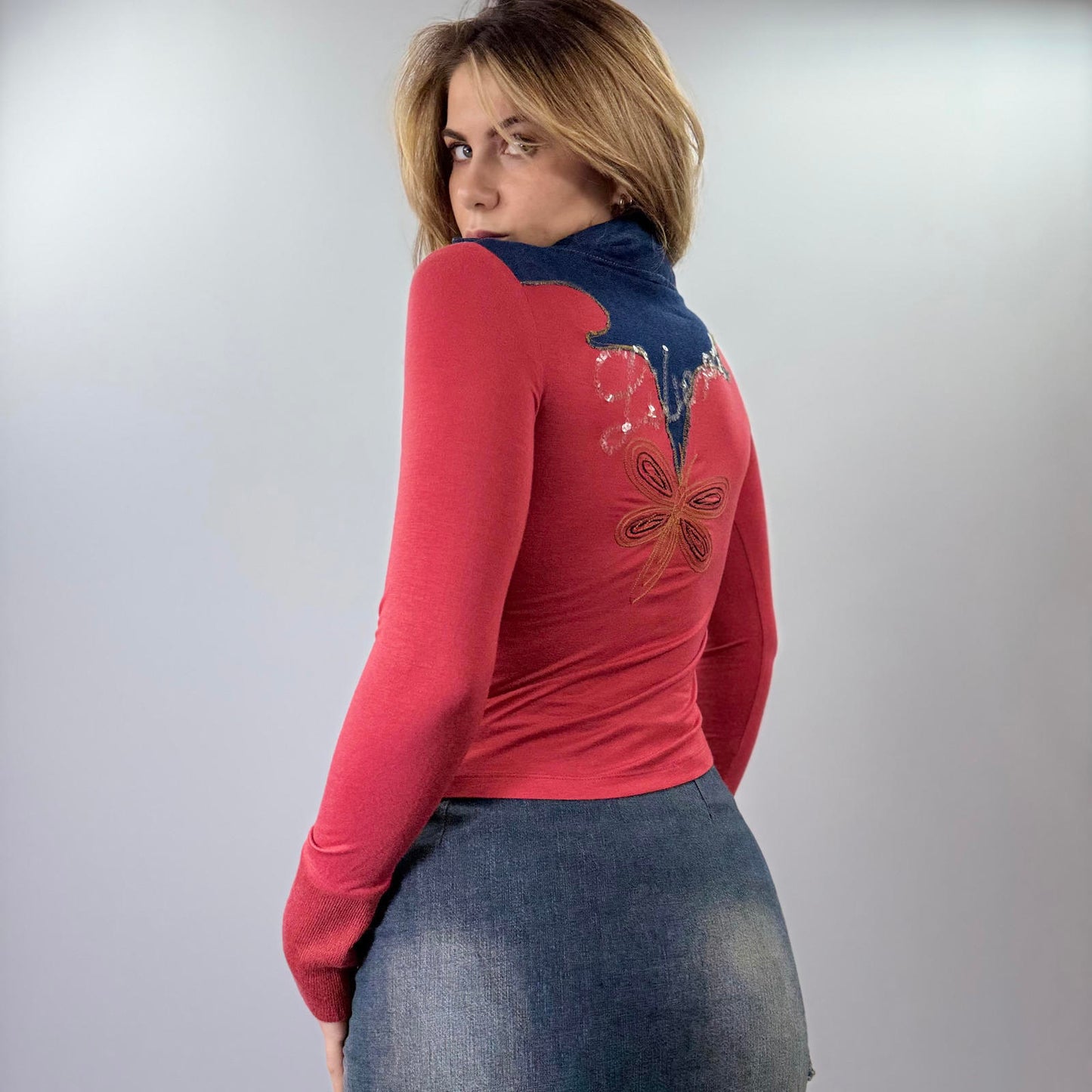 Matt Davis West Coast Red and Denim Long Sleeve Top- Size S