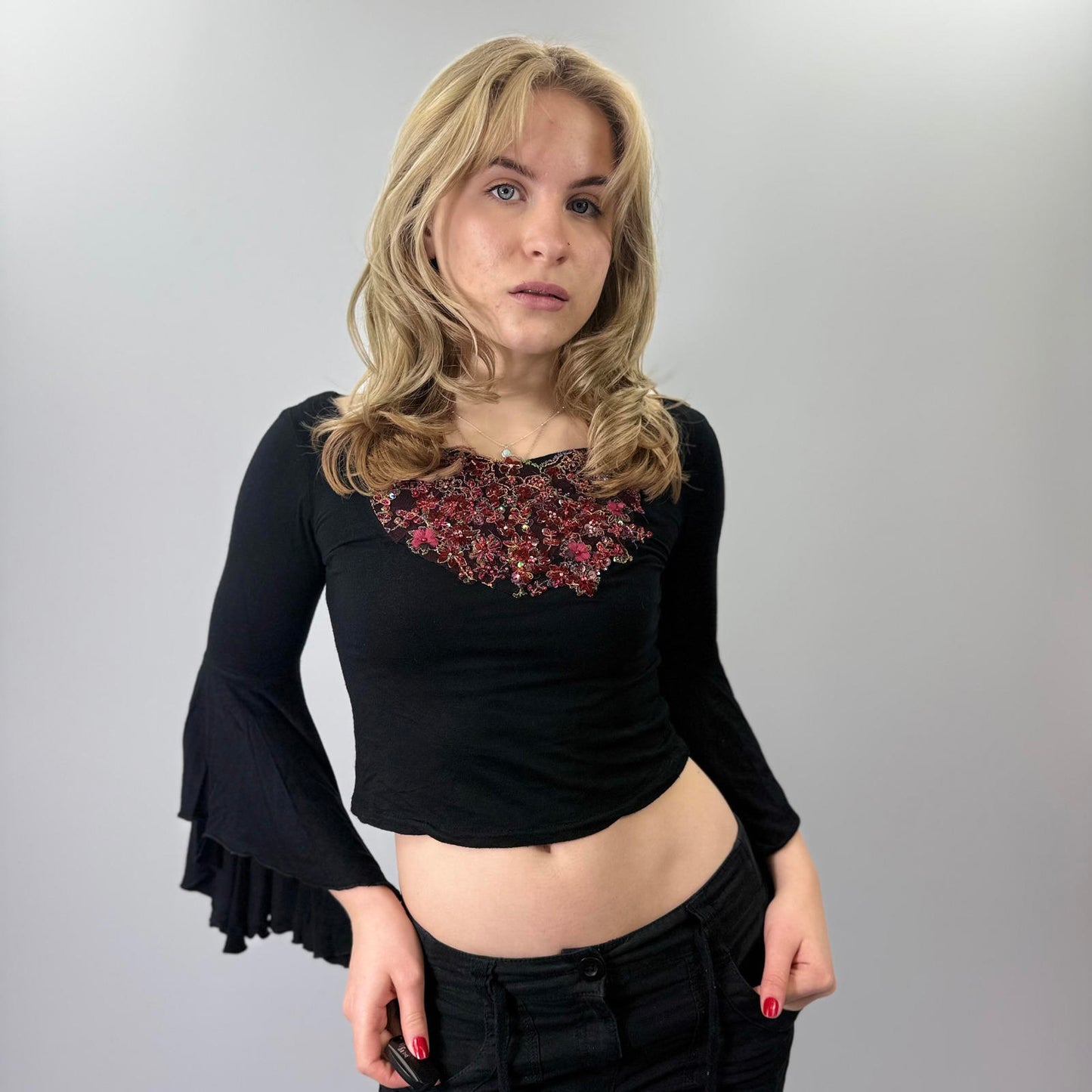 Black Long Sleeve Top with Floral Embellishment- SIZE XS