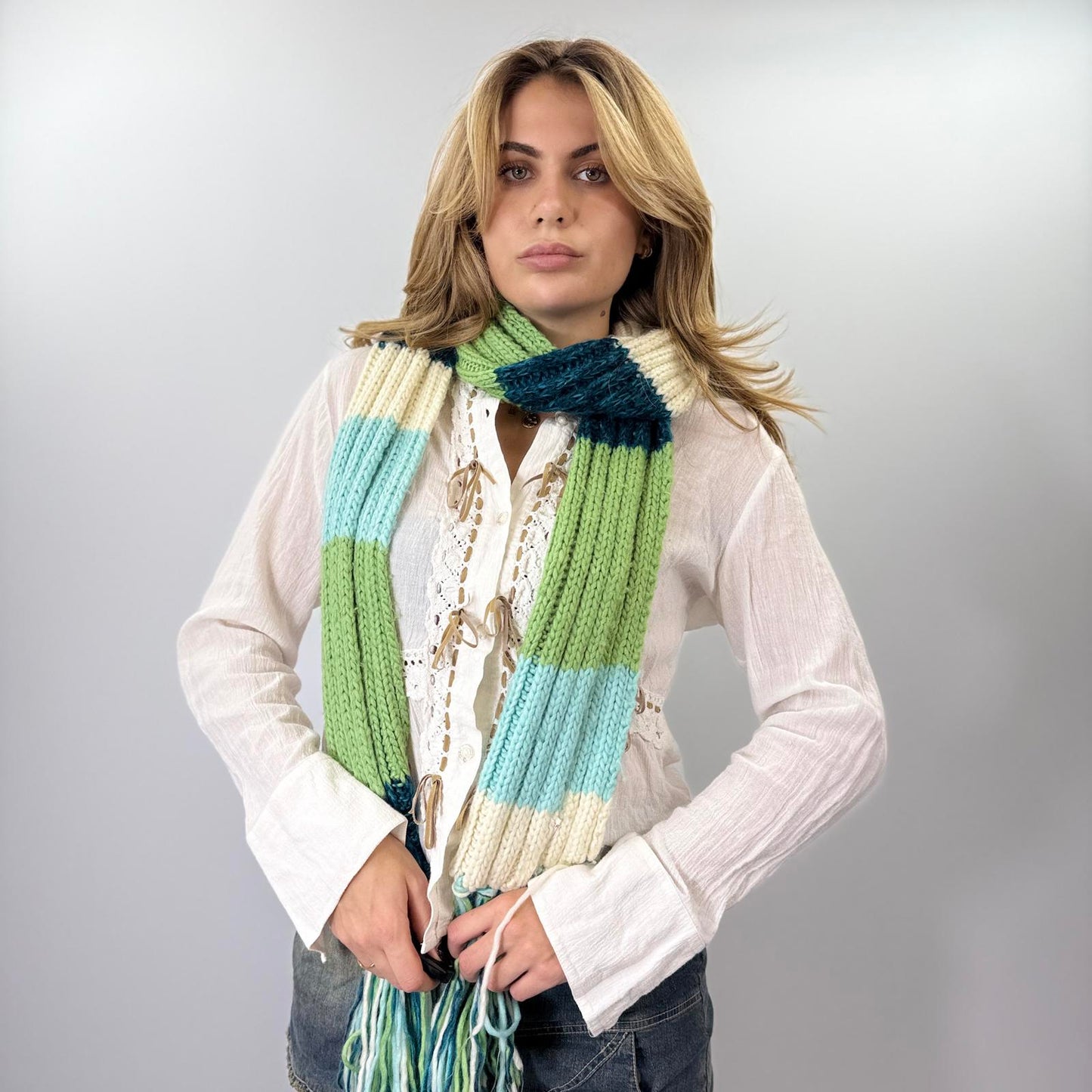 Striped Knit Wool Blend Scarf with Fringe