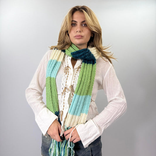 Striped Knit Wool Blend Scarf with Fringe