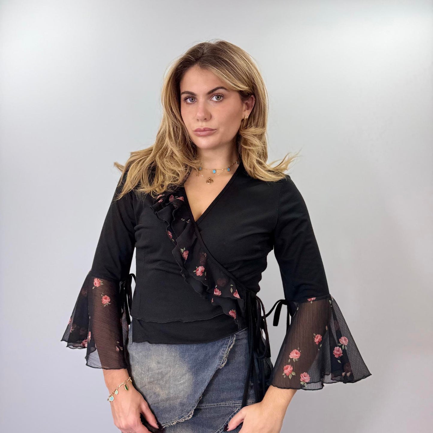 Promesse Black Floral Sheer Sleeve Wrap Top- SIZE L