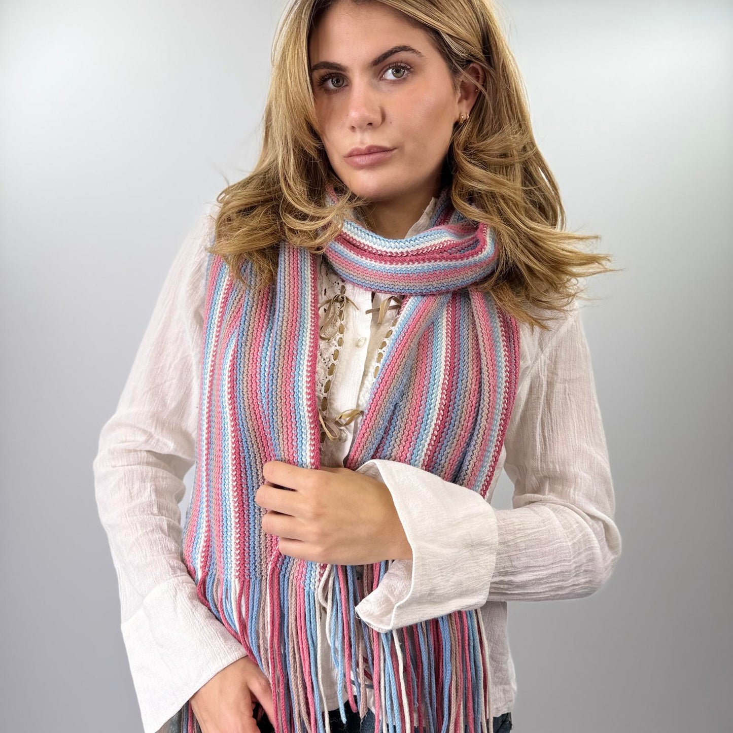 Striped Knit Scarf with Fringe