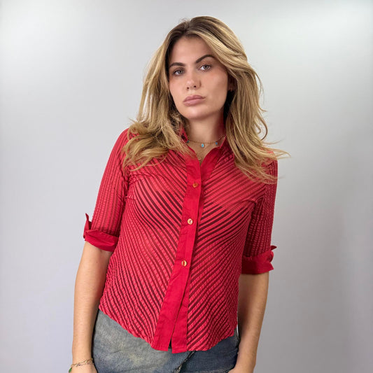 Red Striped Sheer Button-Up Blouse- SIZE L
