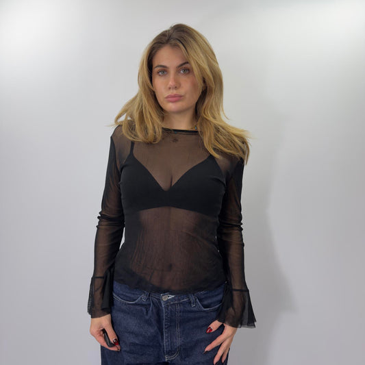 Black Sheer Long Sleeve Top with Flared Cuffs- SIZE L