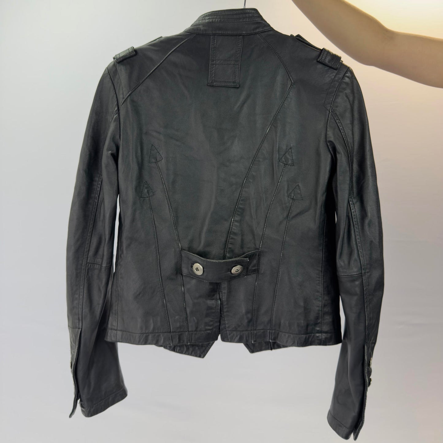 Conbipel Black Leather Jacket with Button Details- SIZE XS