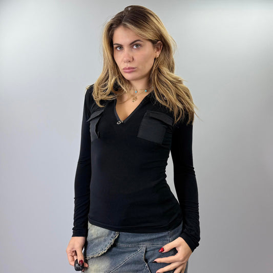 Black Long Sleeve V-Neck Jersey Top with Chest Pockets- SIZE M