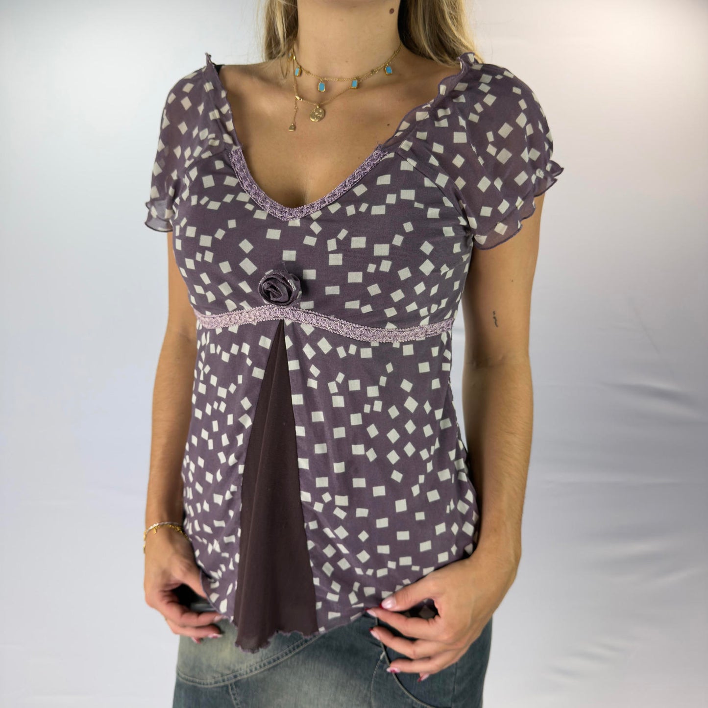 Purple Patterned Short Sleeve Women's Top with Lace Detail- SIZE XXL