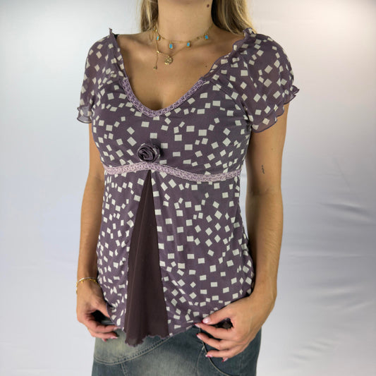 Purple Patterned Short Sleeve Women's Top with Lace Detail- SIZE XXL
