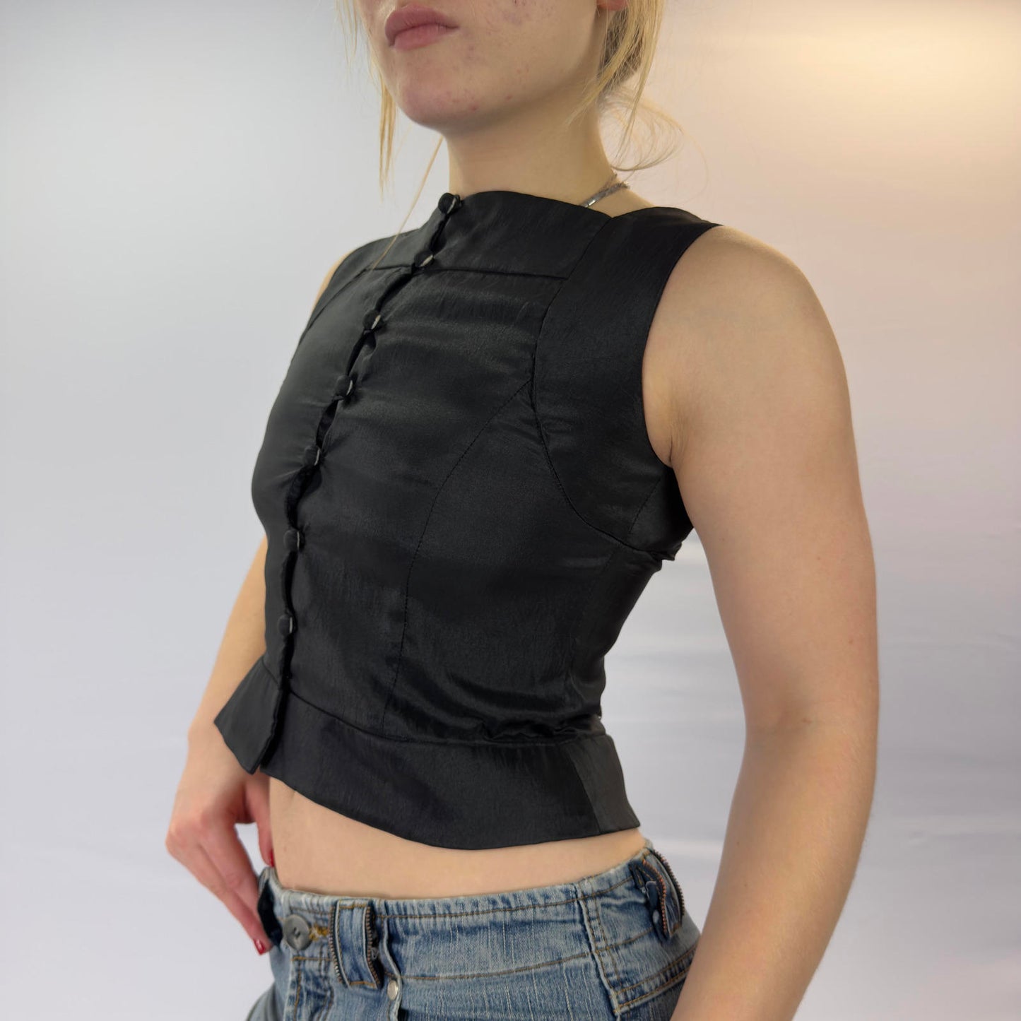 Nymjoy Black Sleeveless Button-Up Top with Beaded Back Panel- SIZE S