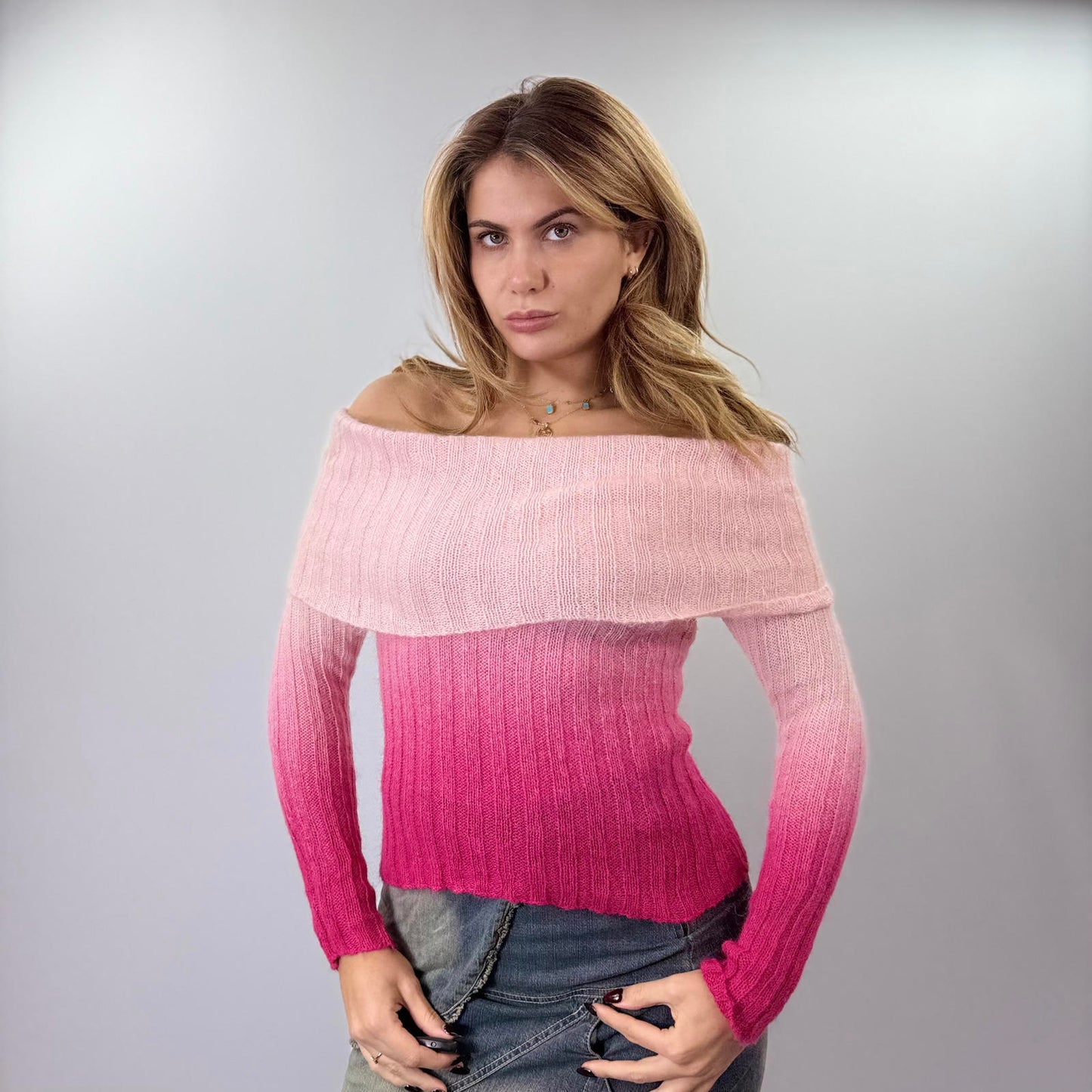 Moda International Women's Pink Ombre Off-Shoulder Knit - SIZE S