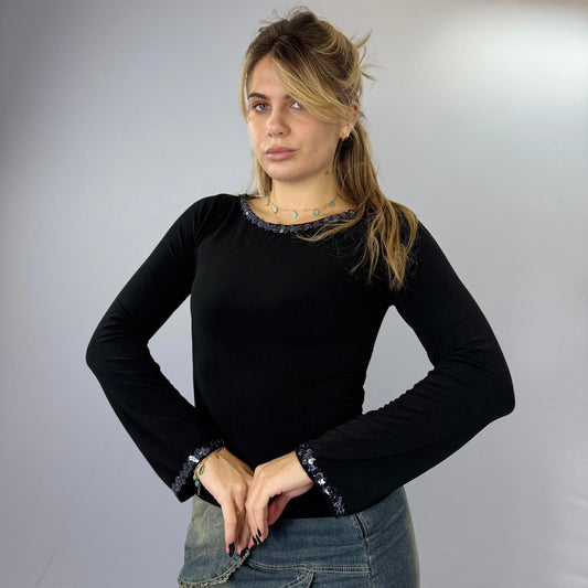 Black Long Sleeve Top with Sequin Trim- SIZE M