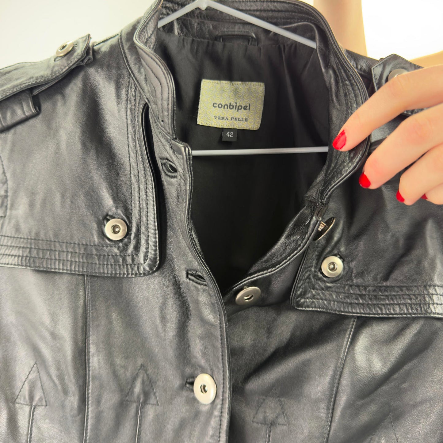Conbipel Black Leather Jacket with Button Details- SIZE XS