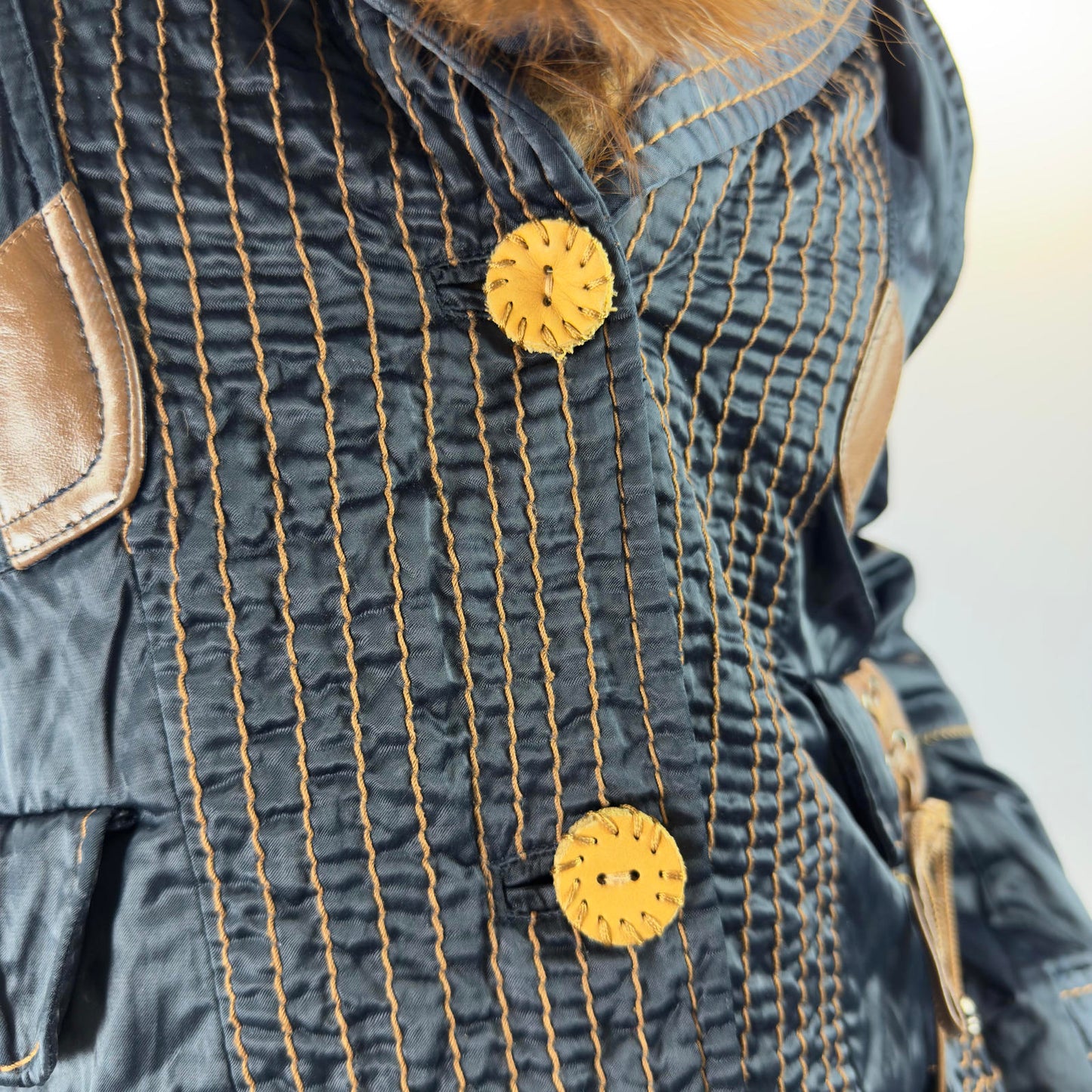 Gerve Blue Quilted Jacket with Fur Collar and Lace-up Details- SIZE S