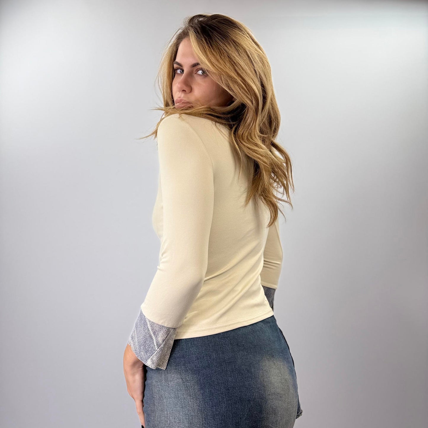 3/4 Sleeve Cream and Denim Top - SIZE M