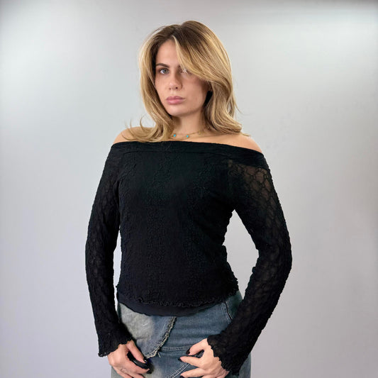 Blumode Women's Black Lace Off-Shoulder Long Sleeve Top- SIZE L