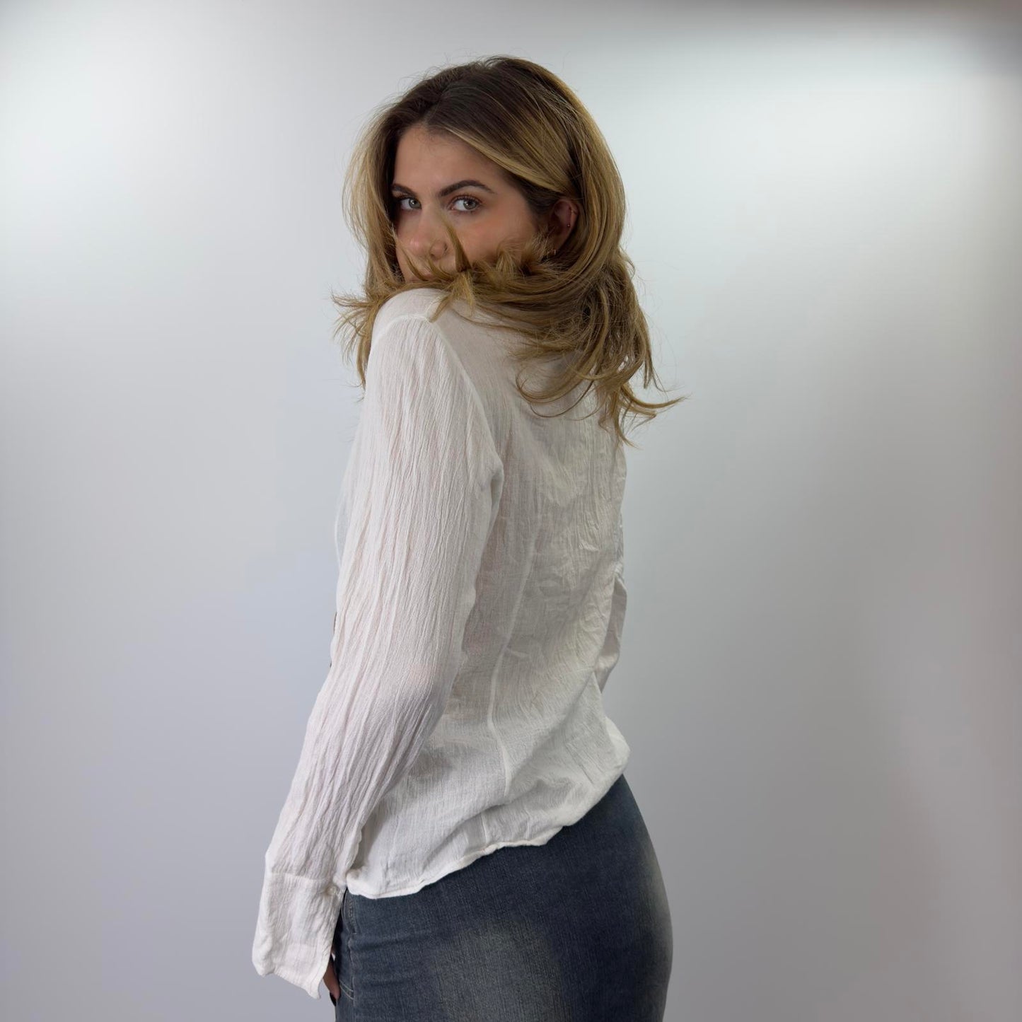 Fei Fan Women's White Lace-Up Blouse Shirt - SIZE L