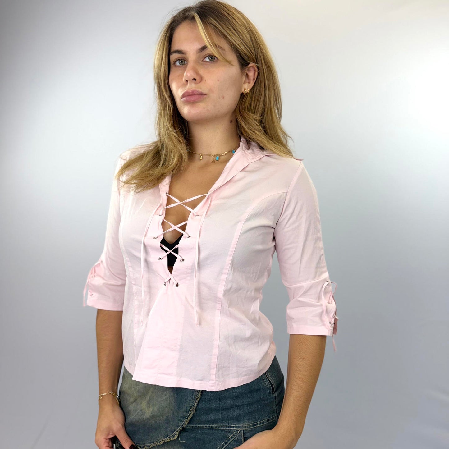 Azzurro Pink Lace-Up Front Women's Shirt - SIZE S