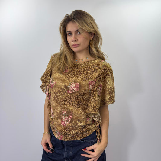 Boho Y2k Floral Ruffle Sleeve Blouse - SIZE L