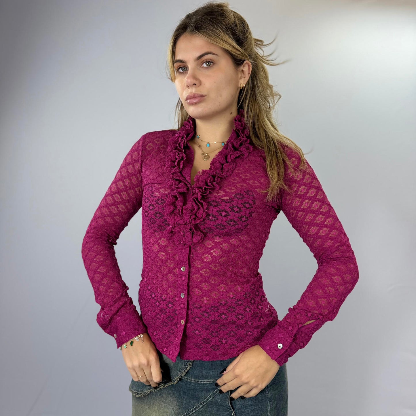 and  Sheer Lace Ruffle Collar Blouse in Deep Pink- SIZE M