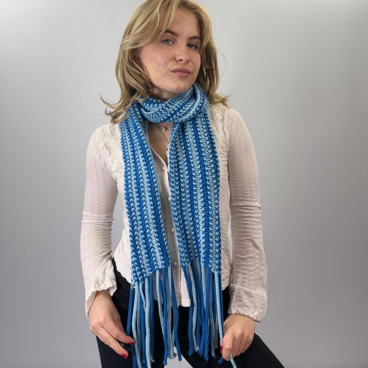 Handmade Blue and White Knitted Scarf with Fringe