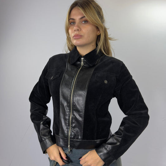 Esisto Black Corduroy and Faux Leather Zip-Up Jacket- SIZE M