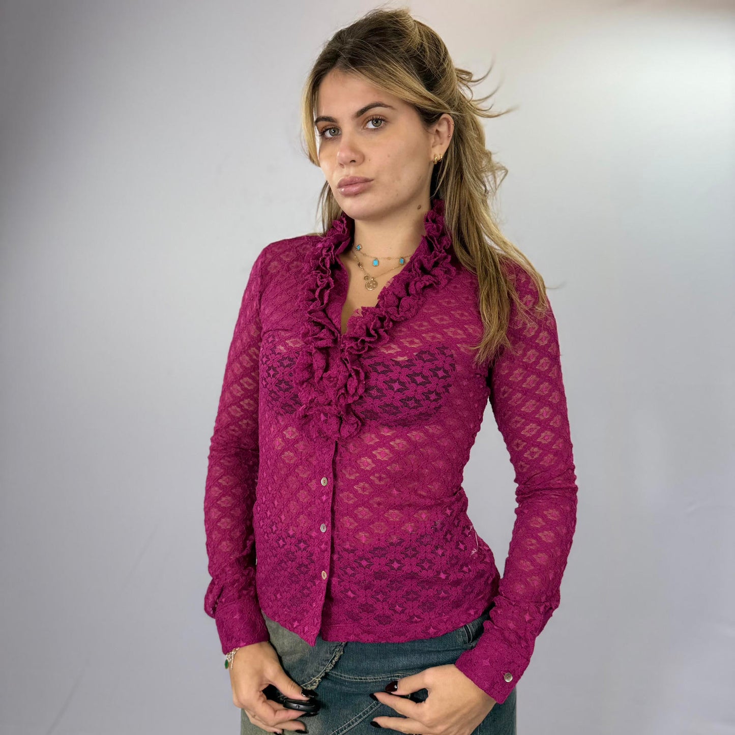 and  Sheer Lace Ruffle Collar Blouse in Deep Pink- SIZE M
