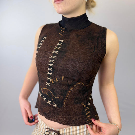 Sleeveless Mesh Brown Top with Stitch Detailing- SIZE S