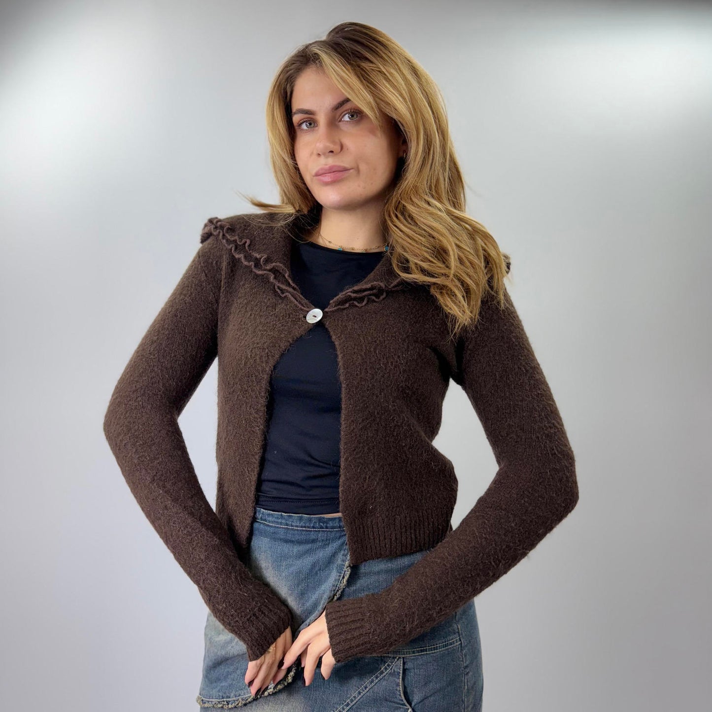 Angels Brown Knit Cardigan Sweater with Ruffle Collar- SIZE M