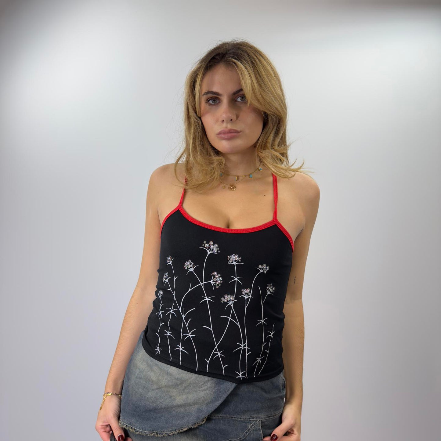 Black Floral Embroidered Tank Top with Red Trim- SIZE S
