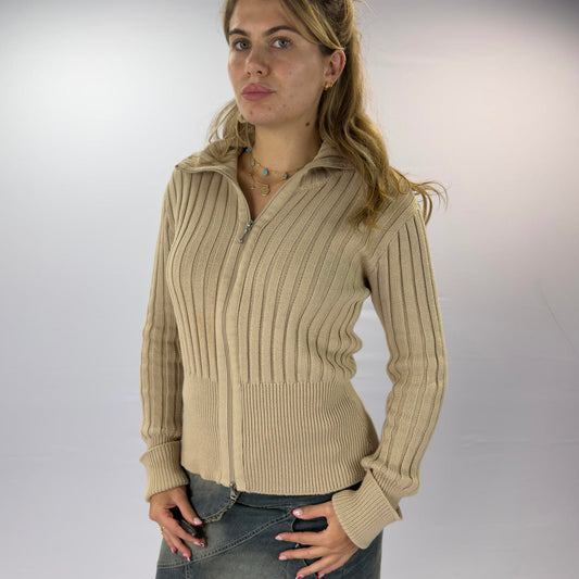 S-CH Beige Ribbed Full Zip Women's Jumper - SIZE L