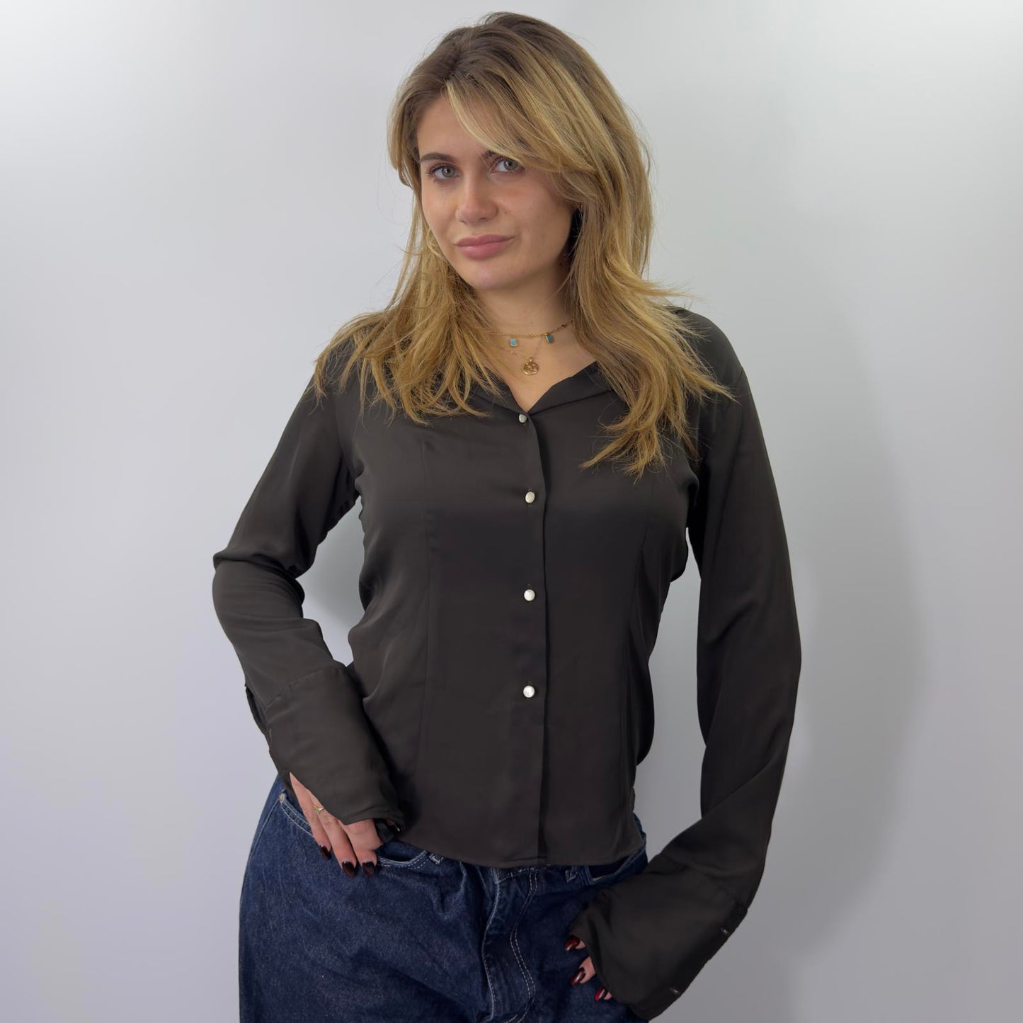 Brown Satin Button Up Shirt - SIZE M