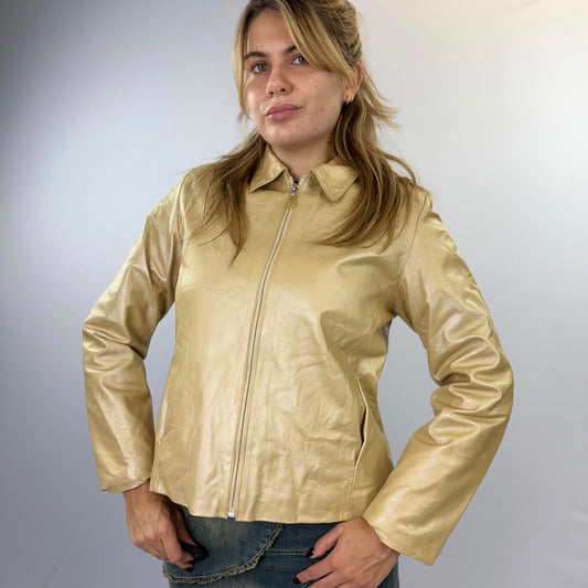 Vera Pelle Gold/ Beige Leather Jacket with Zip Front- SIZE M