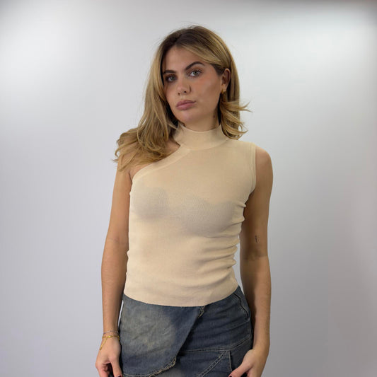 Cream Sleeveless High Neck Knit Top- SIZE M