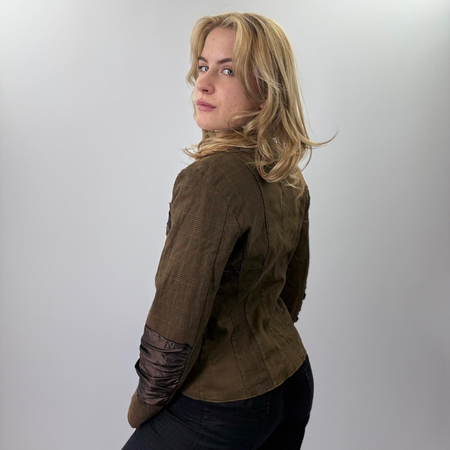 Claru Brown Button-Up Blazer with Unique Patchwork Design- SIZE S