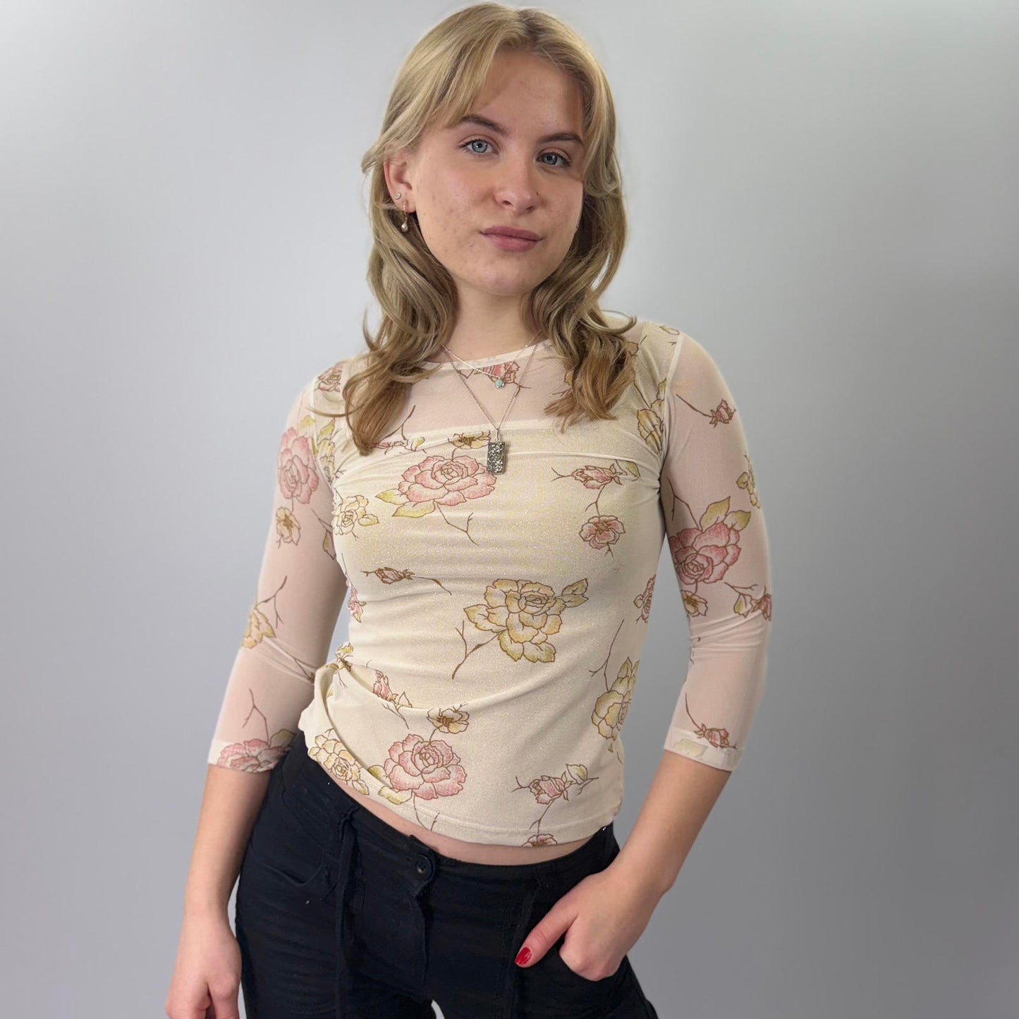 B Floral Print Sheer Mesh Top with 3/4 Sleeves- SIZE XS