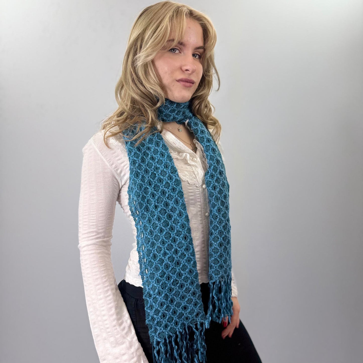 Blue Textured Knit Scarf with Fringe