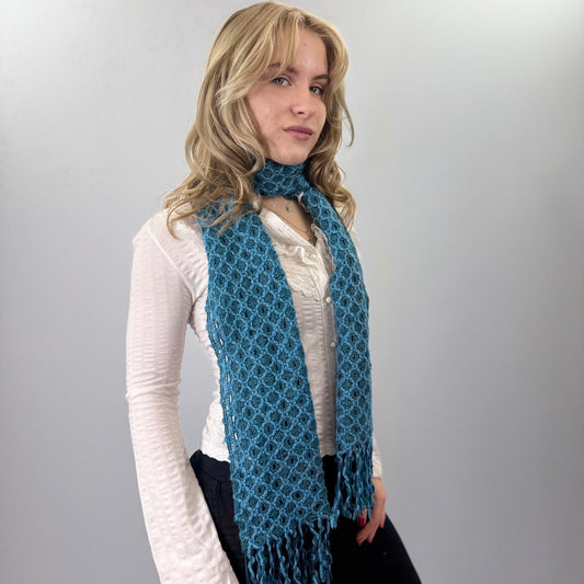 Blue Textured Knit Scarf with Fringe