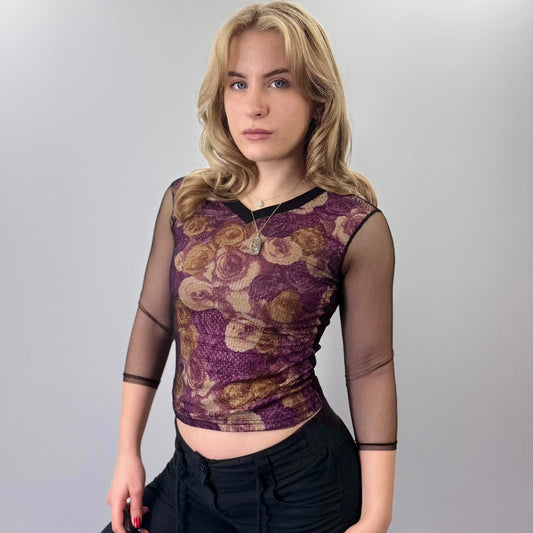 Women's Floral Mesh Sleeve Top- SIZE XS